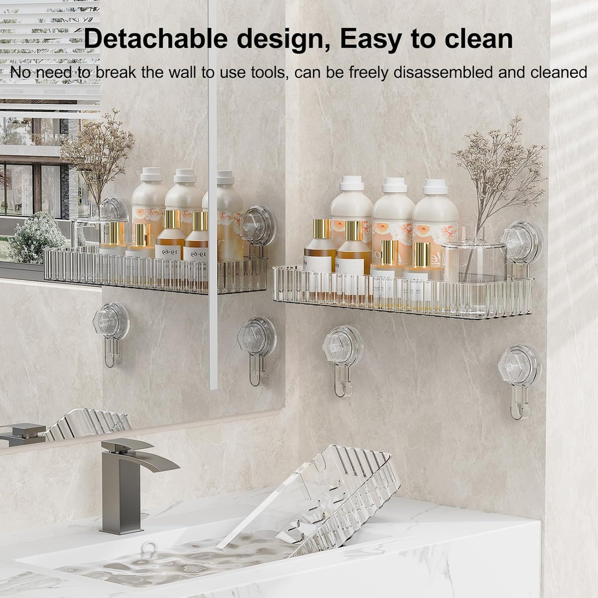 Shower Caddy Suction Cup Bathroom Shower Organizer for Bathroom Storage & Home Decor & Kitchen No Drilling Large Capacity Removable and Reusable Shower Shelves for Inside Shower. (clear, square)