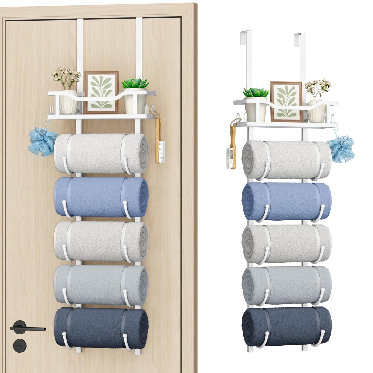SWTYMIKI Over the Door Towel Rack - 6 Tier Towel Racks for Bathroom Wall Mounted, Towel Holder with Shelf, Hanging Rolled Towel Storage Organizer for Small Bathroom, Camper, RV, Black