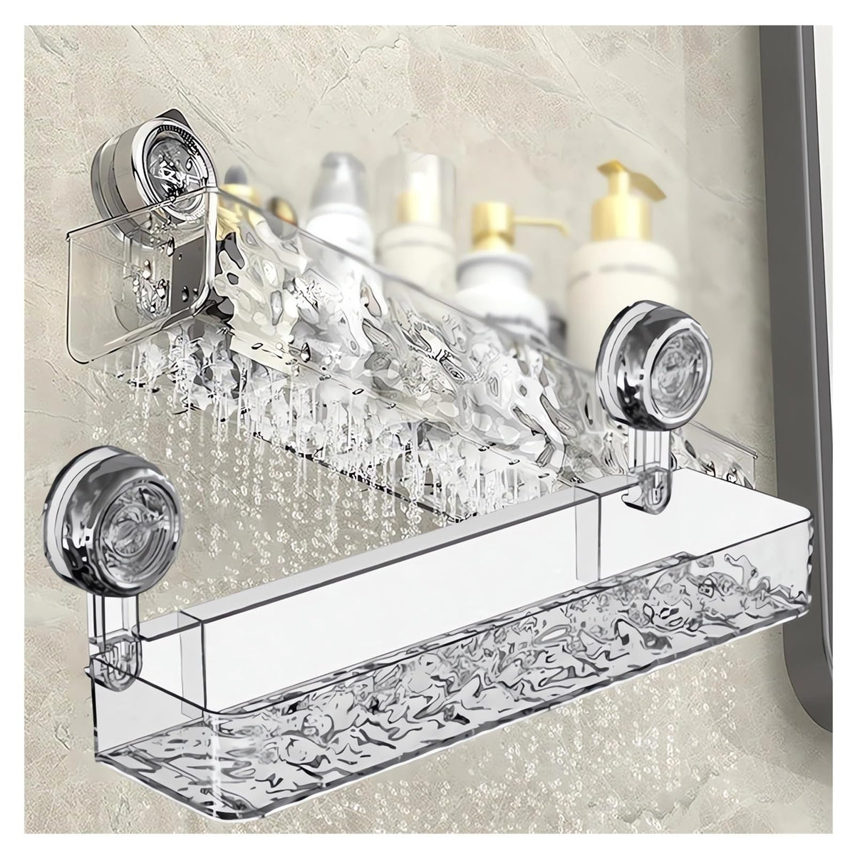 Corrugated Suction Cup Storage Holder Corner Shower Caddy Large Organizer Bathroom Shelf Clear Acrylic Shower Tray Shelves Inside Floating Shower Wall Shelf Bath Basket Rack Heavy Duty (Corner-Grey)