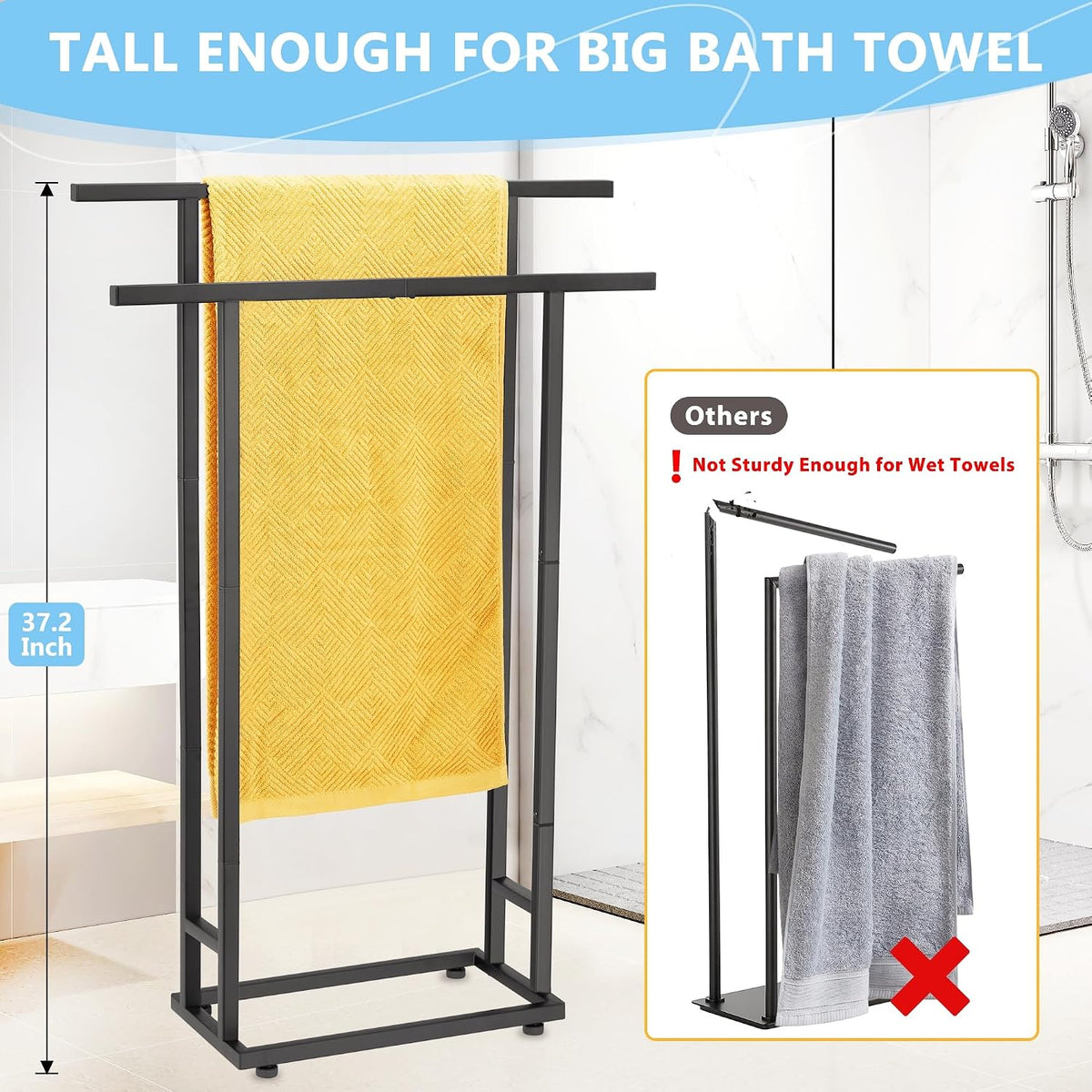 2-Tier Tall Towel Rack for Bathroom, Freestanding Towel Stand Drying Rack for Oversized Bath Towels, Poolside, Bathroom, Black, ALHAKIN