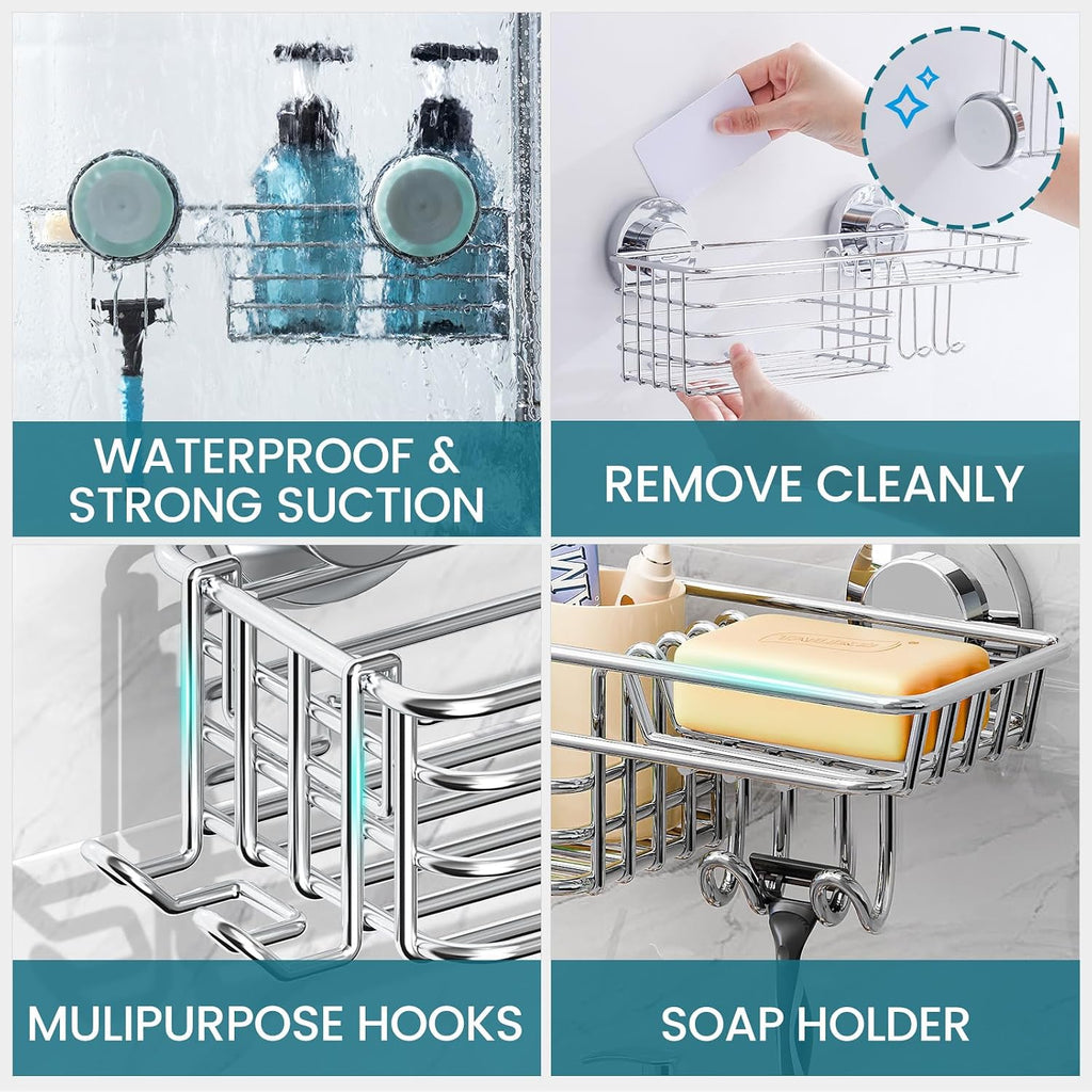 TAILI Shower Caddy Suction Cup 2 Pack with Hooks and Soap Holder, Silver