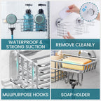 TAILI Shower Caddy Suction Cup 2 Pack with Hooks and Soap Holder, Silver
