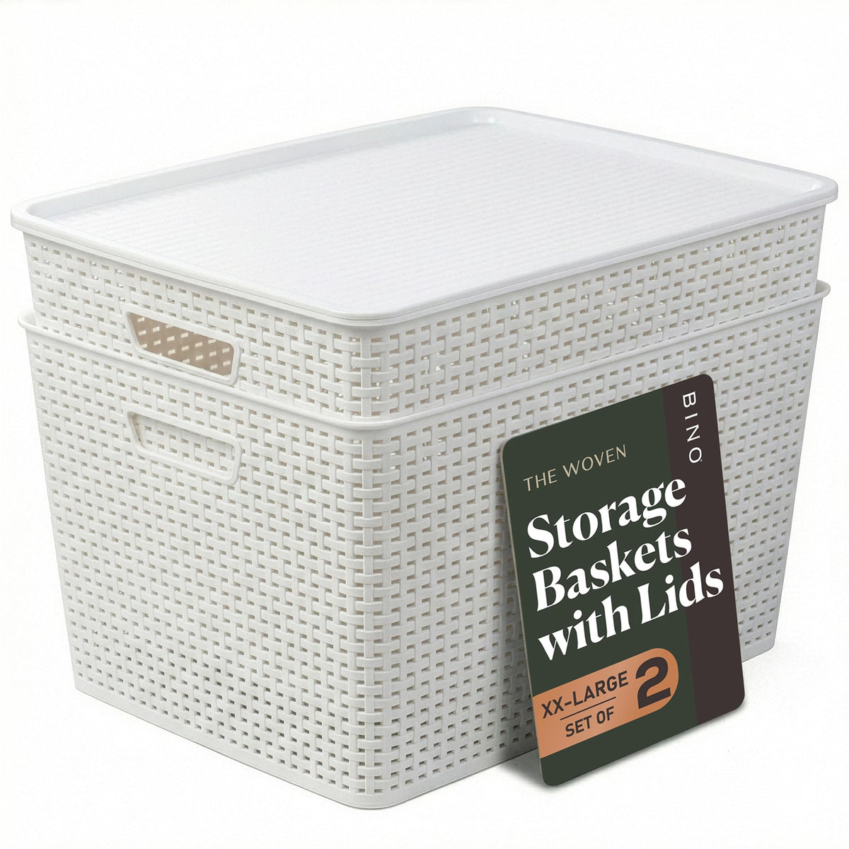 BINO | Plastic Storage Baskets with Lids, 15.5 Liter - 3 Pack, White | THE WOVEN COLLECTION | Storage Basket for Shelves Woven Storage Baskets for Organizing Bins Pantry Shelf Organizer Container Bin