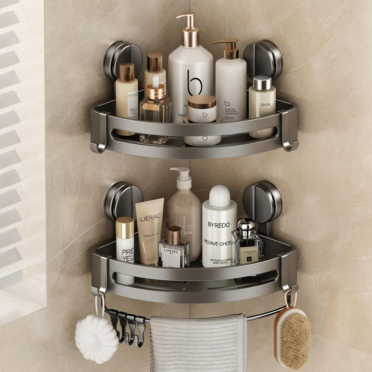 VOLPONE Corner Shower Caddy Suction Cup, 2 Pack Shower Shelves No Drilling, Showers Organizer Storage with Towel Bar & Removable Hooks, Bathroom Shower Shelf Rack for Inside Showers