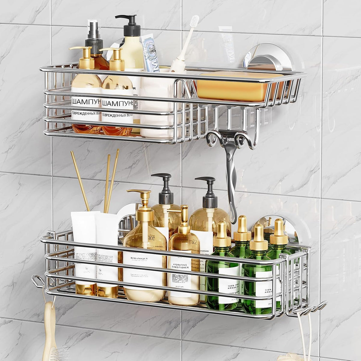 TAILI Shower Caddy Suction Cup 2 Pack with Hooks and Soap Holder, Silver