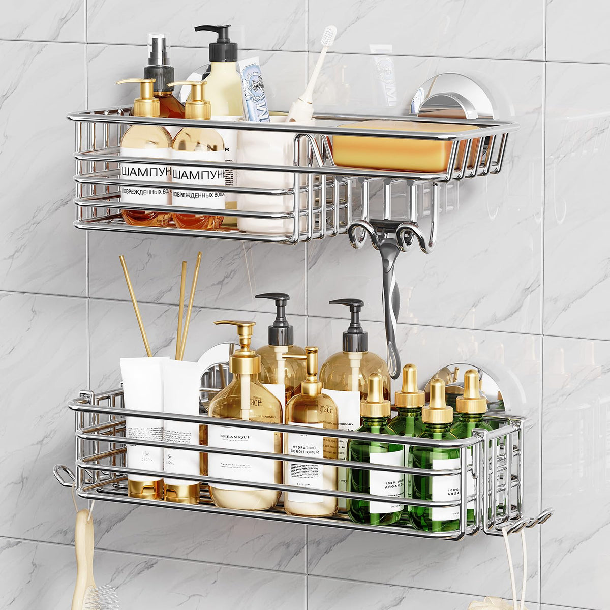 TAILI Shower Caddy Suction Cup 2 Pack with Hooks and Soap Holder, Silver