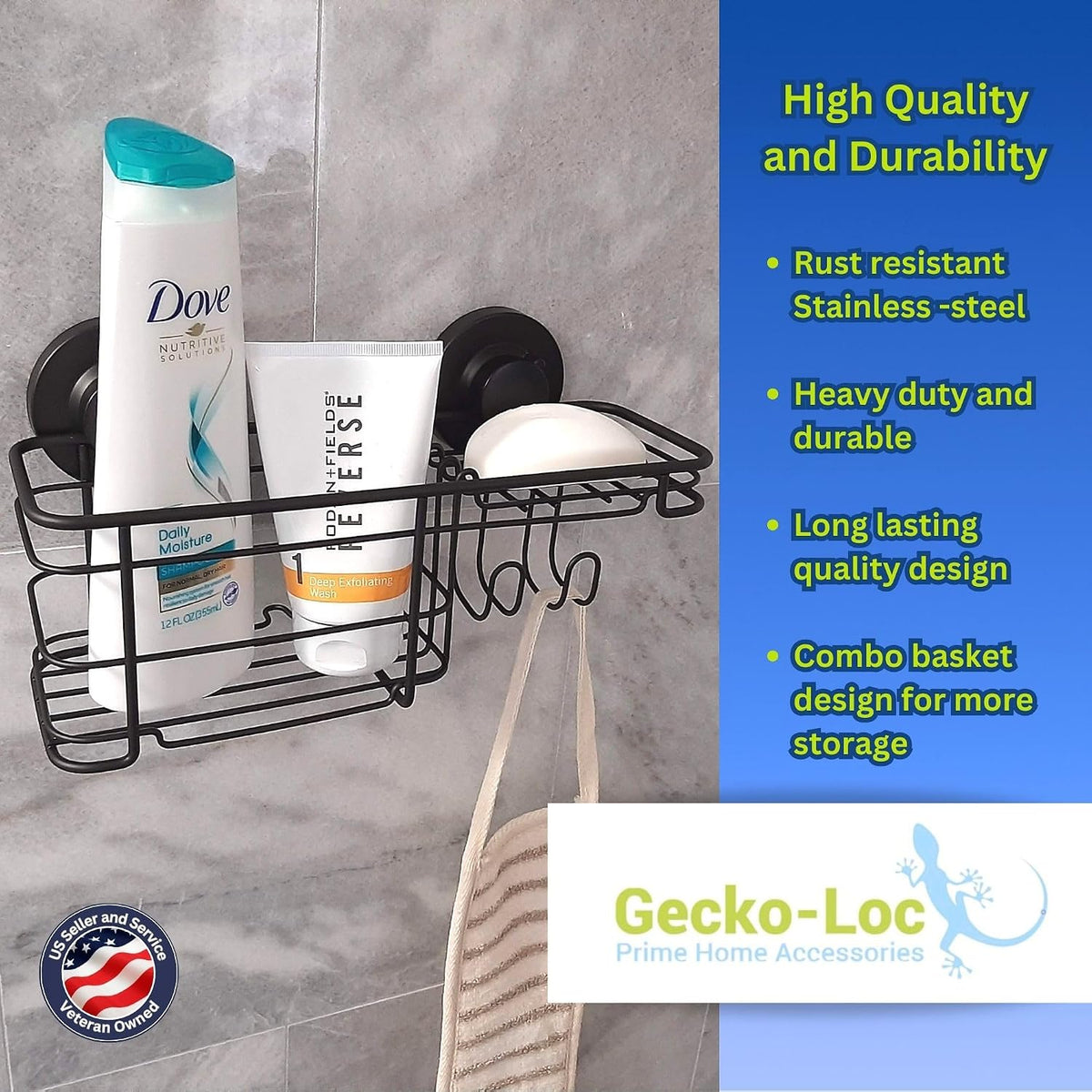 Gecko-Loc Large Combo suction cup wall mount bathroom shower caddy - shampoo storage basket shelf organizer caddie bath shelves - Black