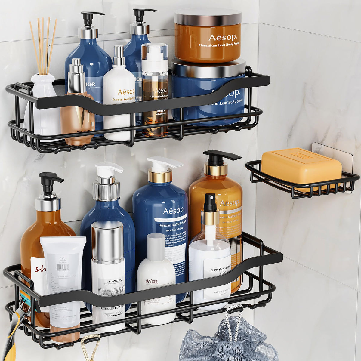 OMAIRA 3-Pack Shower Caddy with Soap Holder, Adhesive Rustproof No-drill Strudy Loading Inside Shower Organizer Shelves Rack Storage Bathroom Organization for Smooth Wall Glass Tile, Black (X-Large)