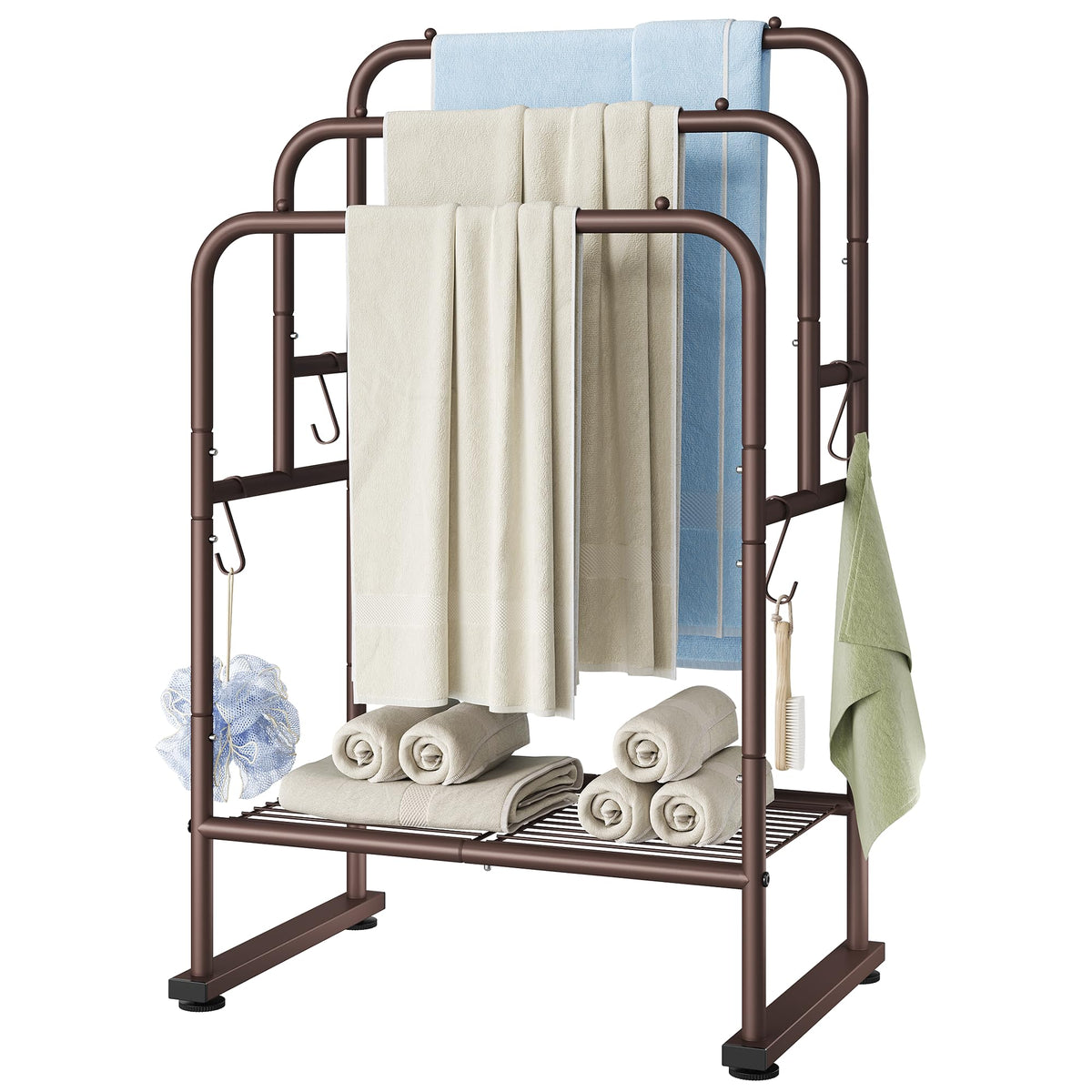 ELYKEN 3 Tier Freestanding Towel Rack with Shelf, 40" H Towel Stand, Black