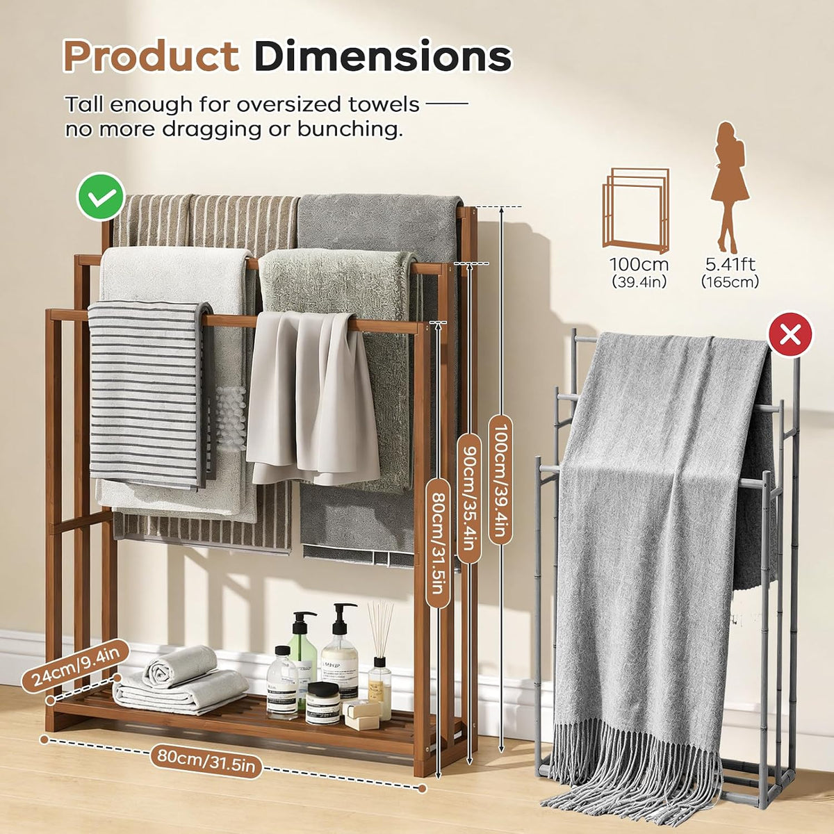 Standing Towel Rack for Bathroom, 39.4''H Bamboo Blanket Racks with Shelf