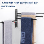 NearMoon Swivel Towel Rack, 13.8" Thicken 304 Stainless Steel 4-Arm Towel Bar, Space Saving Wall Mounted Towel Holder with Hook, Rustproof Swing Out Towel Hanger for Bathroom, Kitchen (Matte Black)