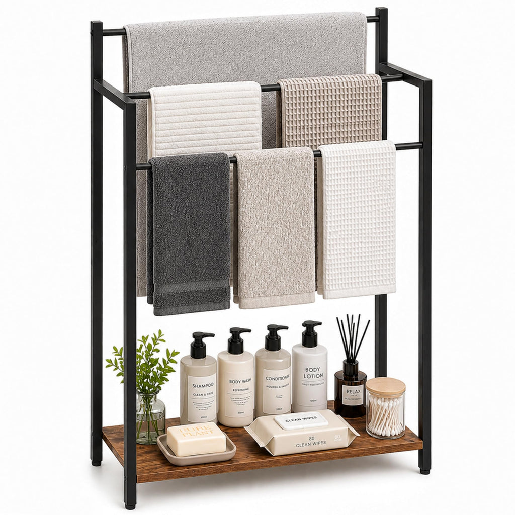 16.9" W Freestanding Towel Rack with Rustic Brown Wood Shelf