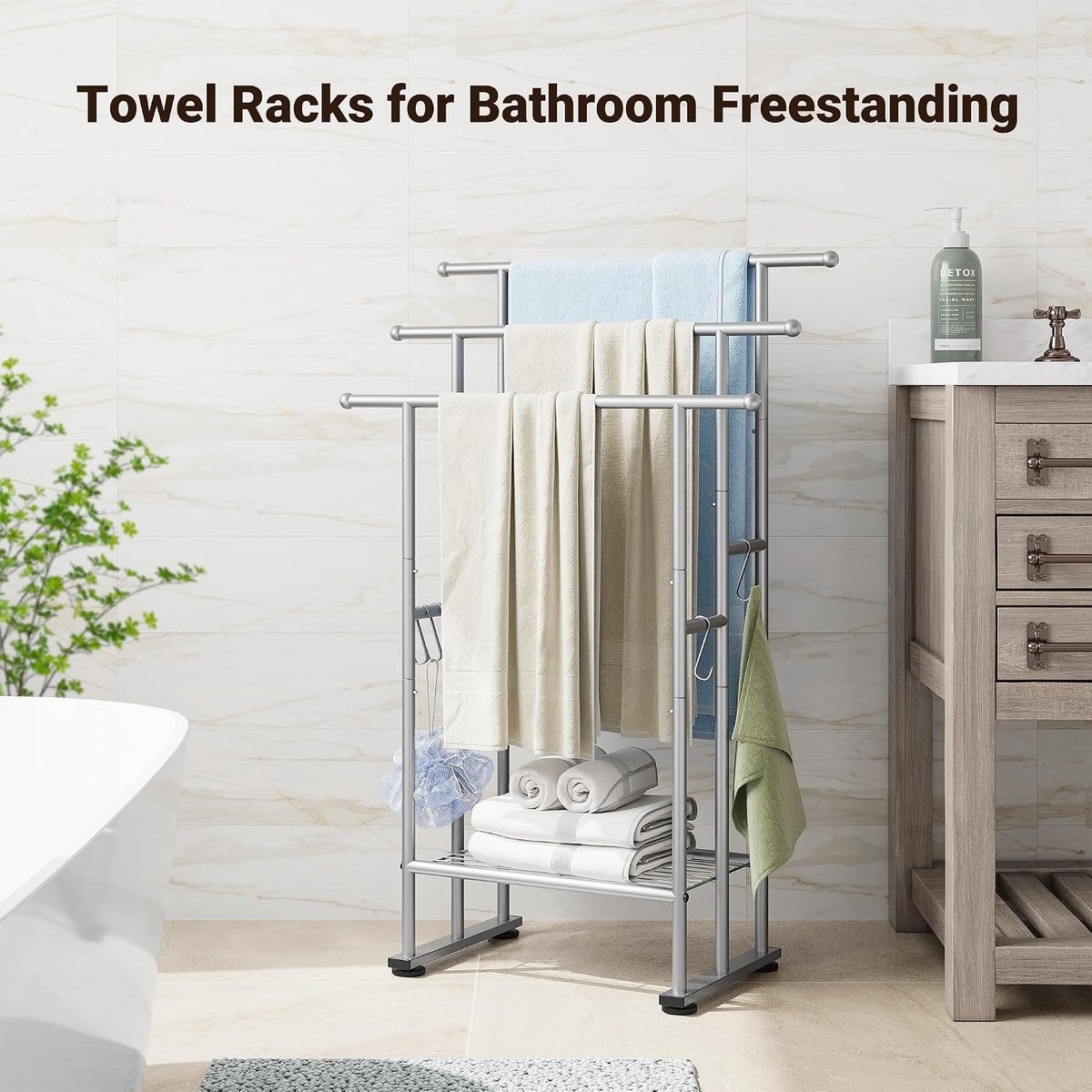 ELYKEN 3 Tier Freestanding Towel Rack with Shelf, 40" H Towel Stand, Silver