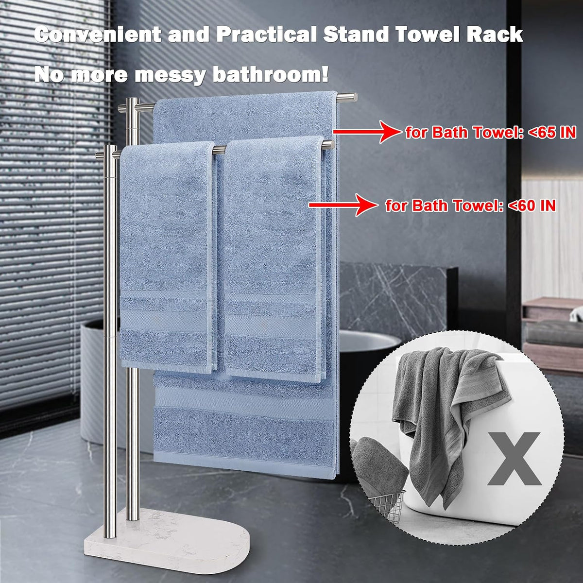 Livabber Standing Towel Rack, 304 Stainless Steel 2-Tier Towel Holder Stand with Marble Base, Modern Stylish Tall Shower Towel Bar for Bathroom Accessories, Pool（Brushed Nickel）
