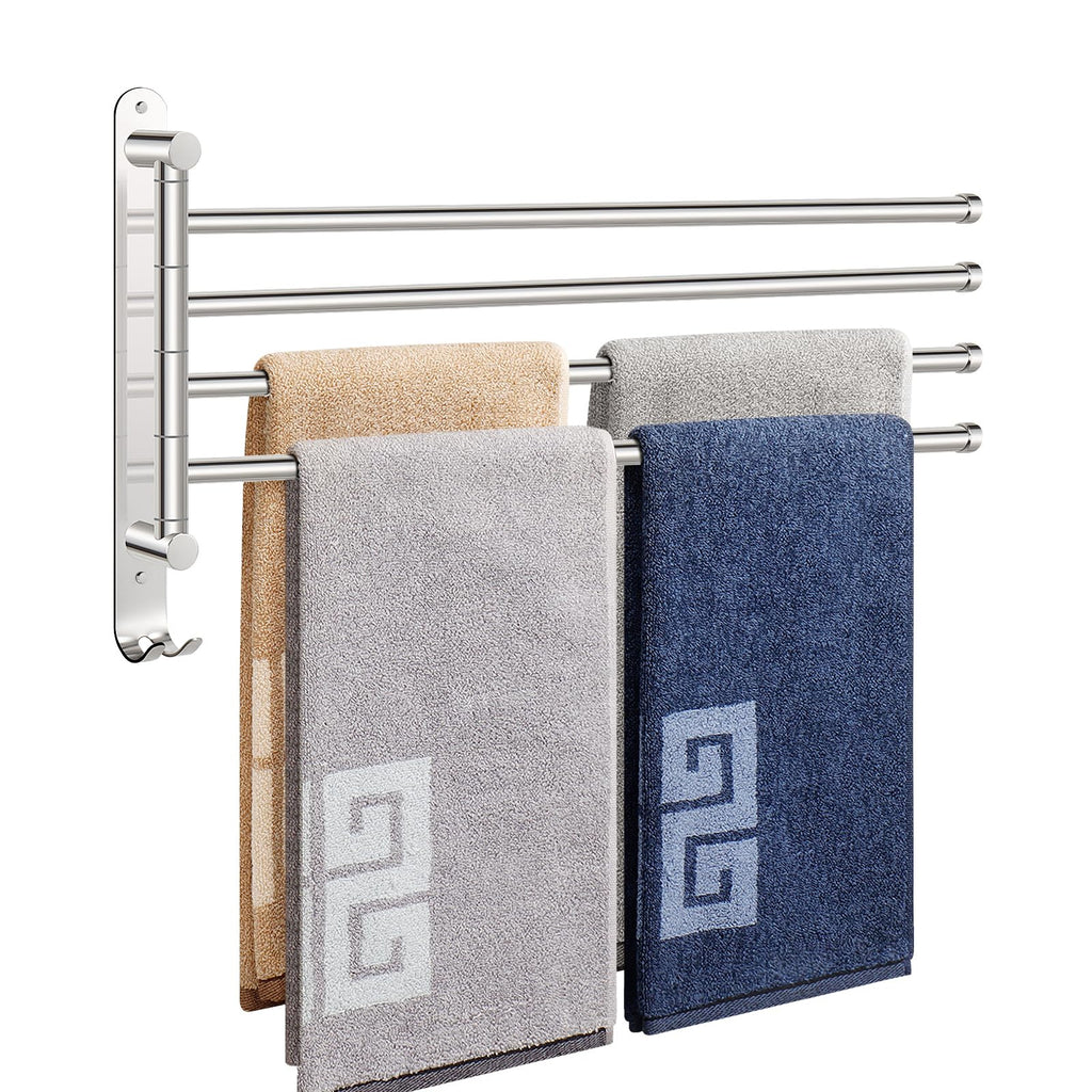 NearMoon Swivel Towel Rack, 13.8" Thicken 304 Stainless Steel 4-Arm Towel Bar, Space Saving Wall Mounted Towel Holder with Hook, Rustproof Swing Out Towel Hanger for Bathroom, Kitchen (Matte Black)