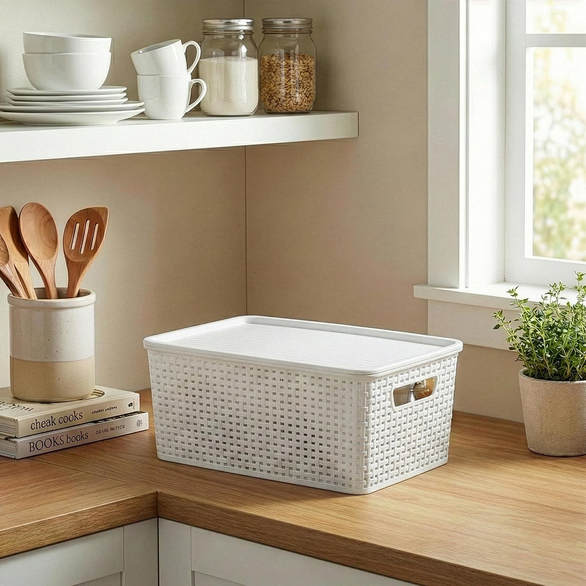 BINO | Plastic Storage Baskets with Lids, 15.5 Liter - 3 Pack, White | THE WOVEN COLLECTION | Storage Basket for Shelves Woven Storage Baskets for Organizing Bins Pantry Shelf Organizer Container Bin