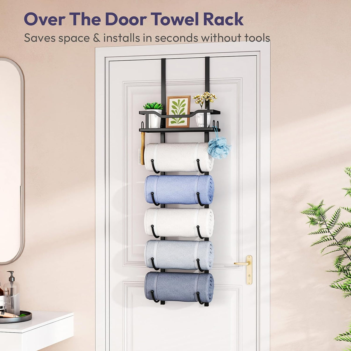 SWTYMIKI Over the Door Towel Rack - 6 Tier Towel Racks for Bathroom Wall Mounted, Towel Holder with Shelf, Hanging Rolled Towel Storage Organizer for Small Bathroom, Camper, RV, Black