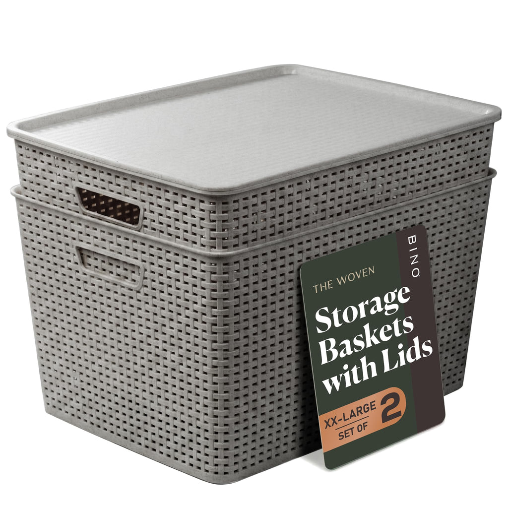 BINO | Plastic Storage Baskets with Lids, 15.5 Liter - 3 Pack, White | THE WOVEN COLLECTION | Storage Basket for Shelves Woven Storage Baskets for Organizing Bins Pantry Shelf Organizer Container Bin