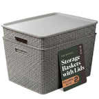 BINO | Plastic Storage Baskets with Lids, 15.5 Liter - 3 Pack, White | THE WOVEN COLLECTION | Storage Basket for Shelves Woven Storage Baskets for Organizing Bins Pantry Shelf Organizer Container Bin