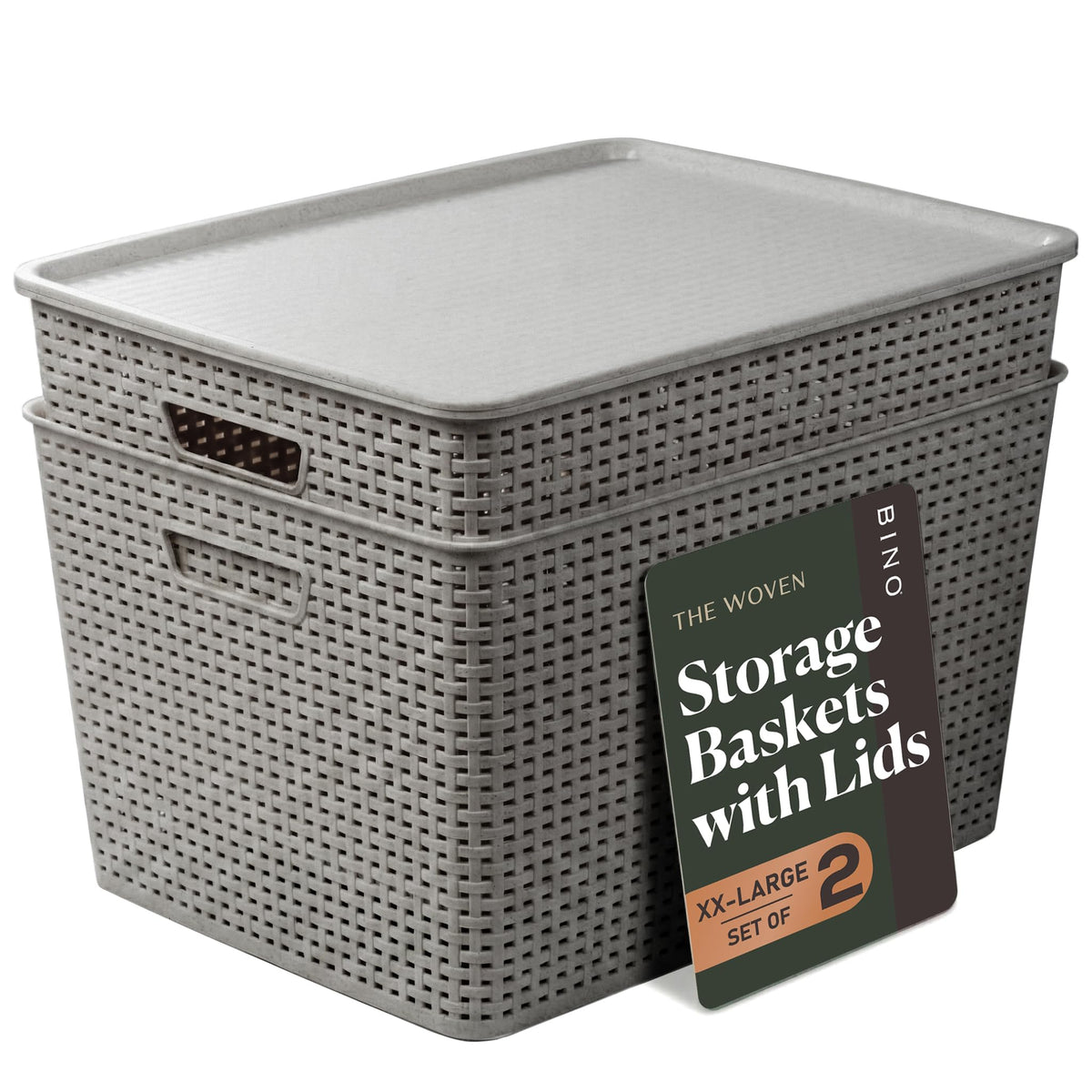 BINO | Plastic Storage Baskets with Lids, 15.5 Liter - 3 Pack, White | THE WOVEN COLLECTION | Storage Basket for Shelves Woven Storage Baskets for Organizing Bins Pantry Shelf Organizer Container Bin