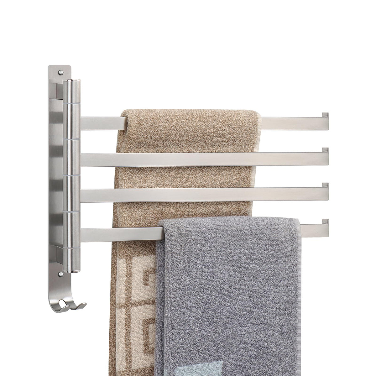 NearMoon Swivel Towel Rack, 13.8" Thicken 304 Stainless Steel 4-Arm Towel Bar, Space Saving Wall Mounted Towel Holder with Hook, Rustproof Swing Out Towel Hanger for Bathroom, Kitchen (Matte Black)