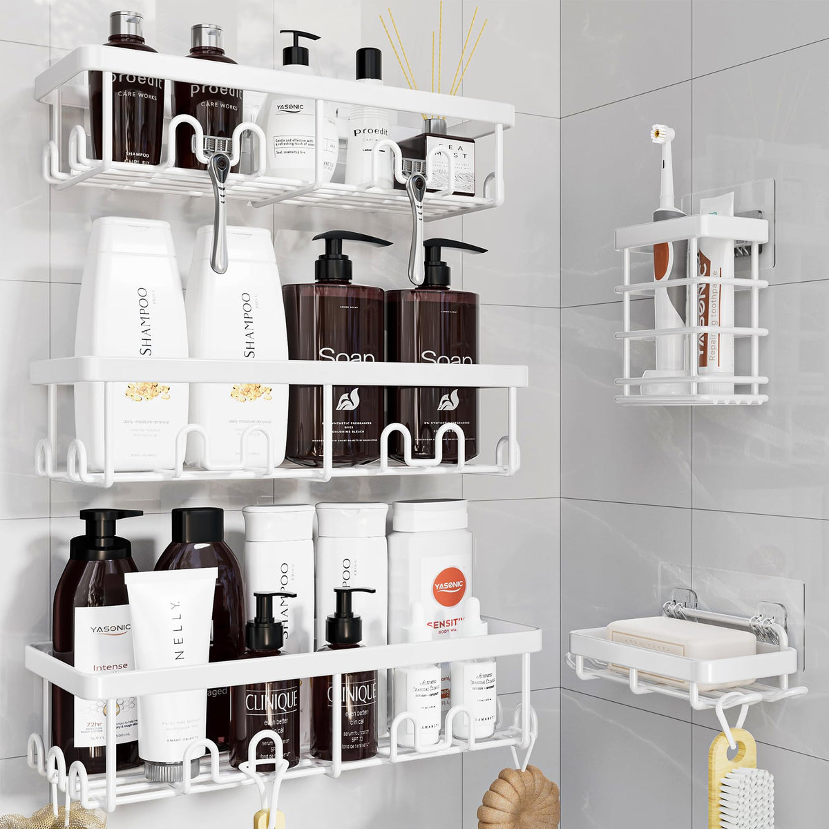 YASONIC Shower Caddy Adhesive, Rustproof Shower Organizer, Wall Shower Rack