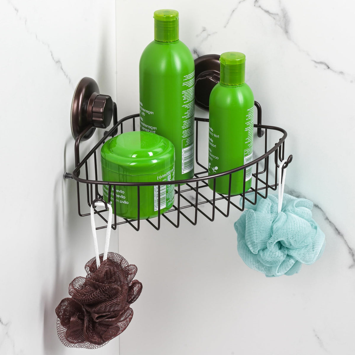 HASKO accessories Corner Shower Caddy with Suction Cups and 3M Adhesive Mounting Discs for porous surfaces - Stainless Steel Basket for Bathroom Storage (Chrome)