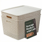BINO | Plastic Storage Baskets with Lids, 15.5 Liter - 3 Pack, White | THE WOVEN COLLECTION | Storage Basket for Shelves Woven Storage Baskets for Organizing Bins Pantry Shelf Organizer Container Bin