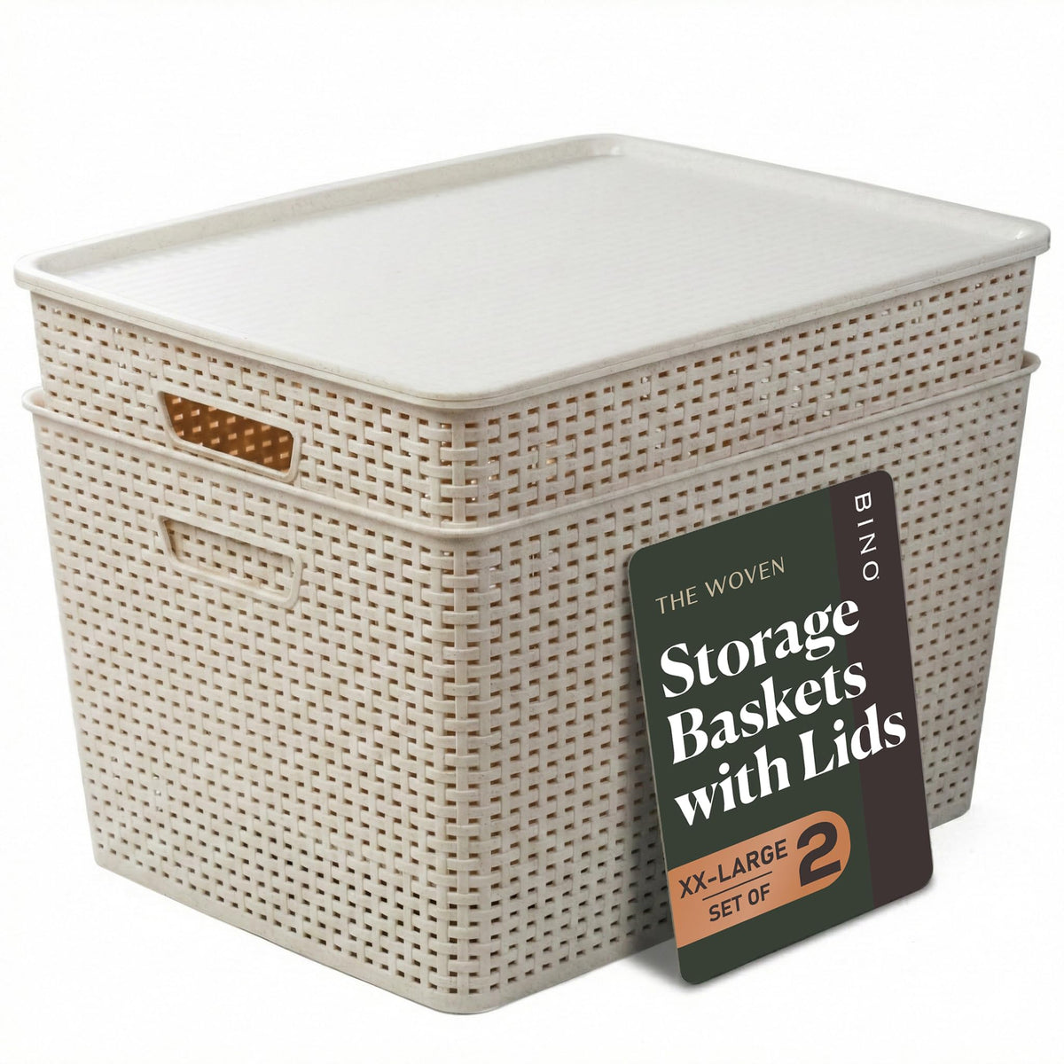 BINO | Plastic Storage Baskets with Lids, 15.5 Liter - 3 Pack, White | THE WOVEN COLLECTION | Storage Basket for Shelves Woven Storage Baskets for Organizing Bins Pantry Shelf Organizer Container Bin