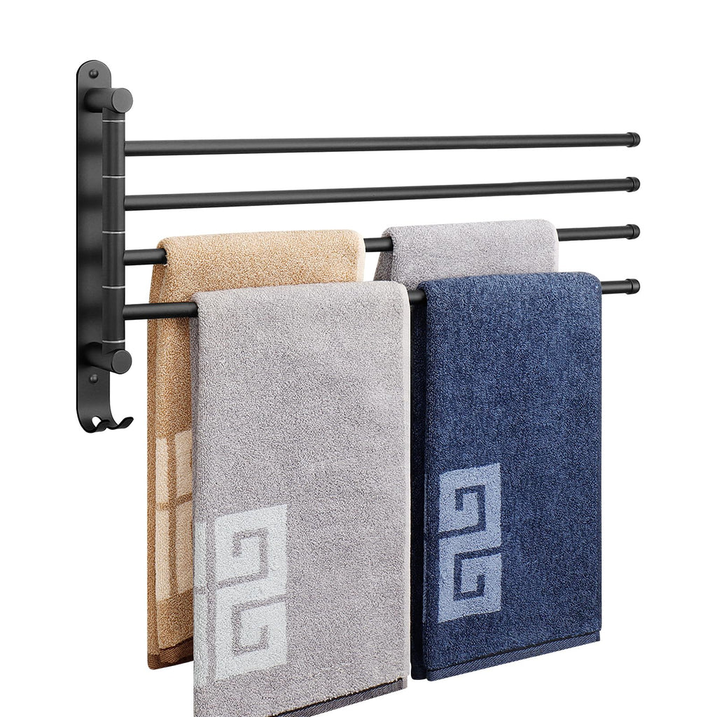 NearMoon Swivel Towel Rack, 13.8" Thicken 304 Stainless Steel 4-Arm Towel Bar, Space Saving Wall Mounted Towel Holder with Hook, Rustproof Swing Out Towel Hanger for Bathroom, Kitchen (Matte Black)