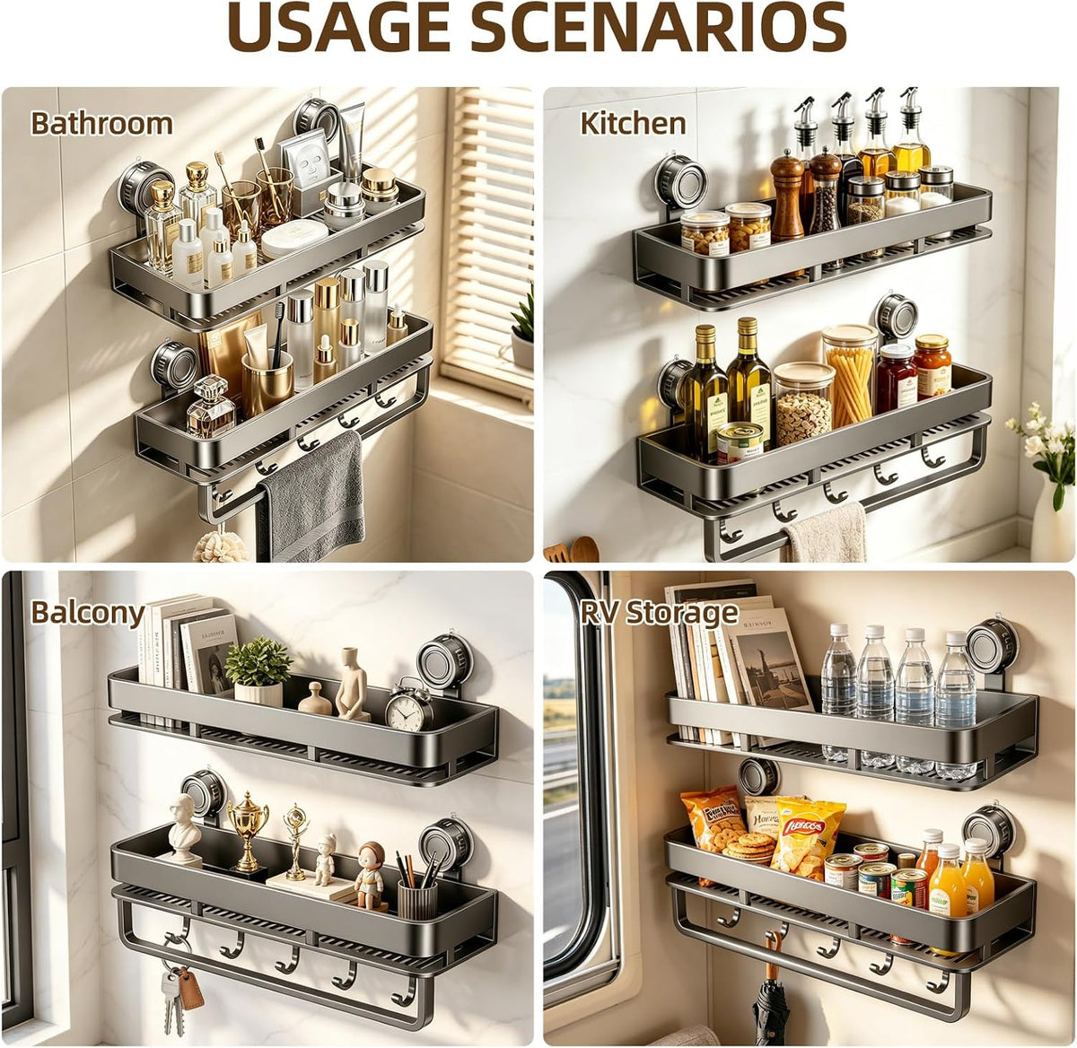 Suction Cup Shower Caddy,No Drilling, Rectangular, Grey,2-Pack