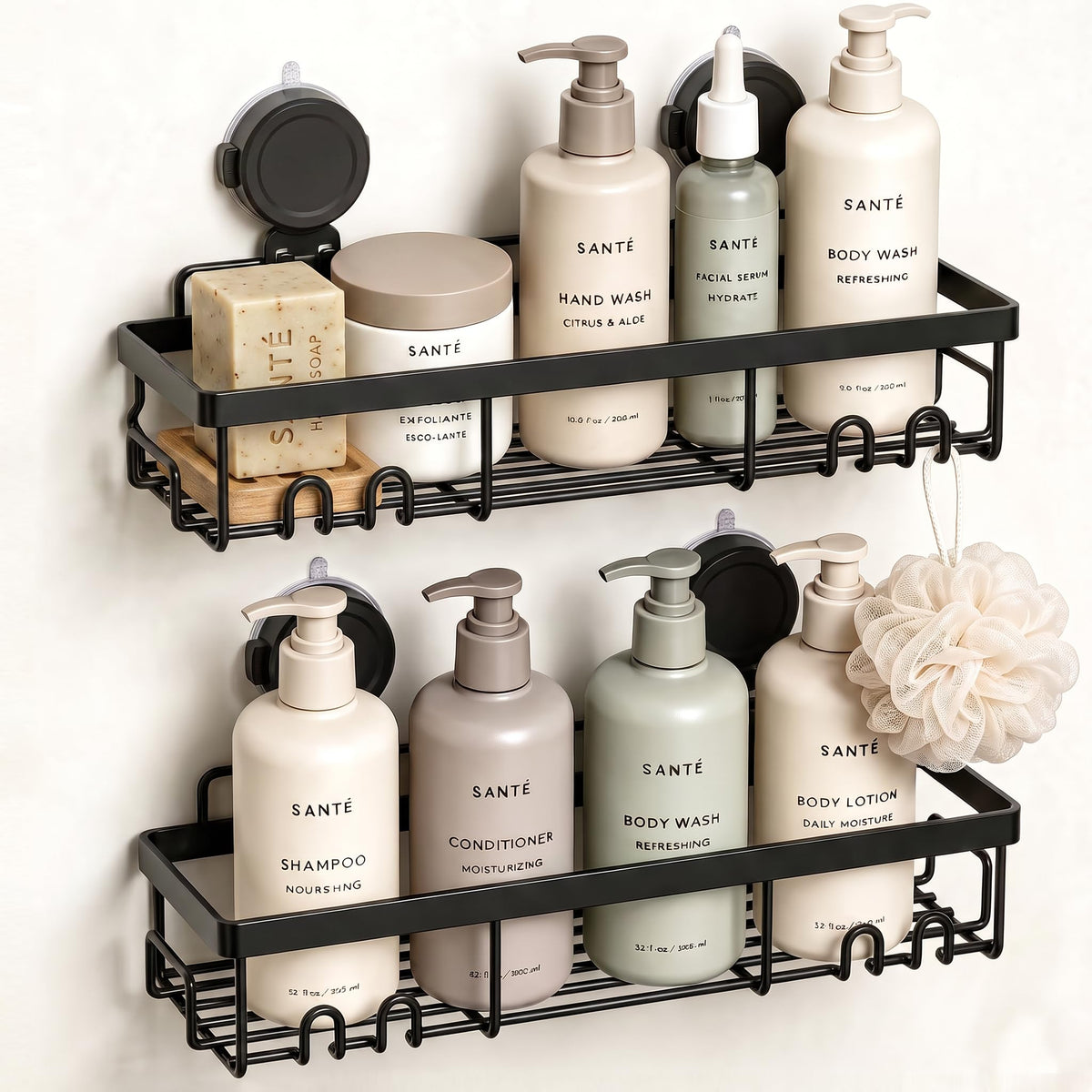 Moforoco Shower Caddy Shelf Organizer Rack, Self Adhesive Black Bathroom Shelves Basket, Home Farmhouse Wall Inside Organization and Storage Decor Rv Accessories, First Camper Apartment Essentials