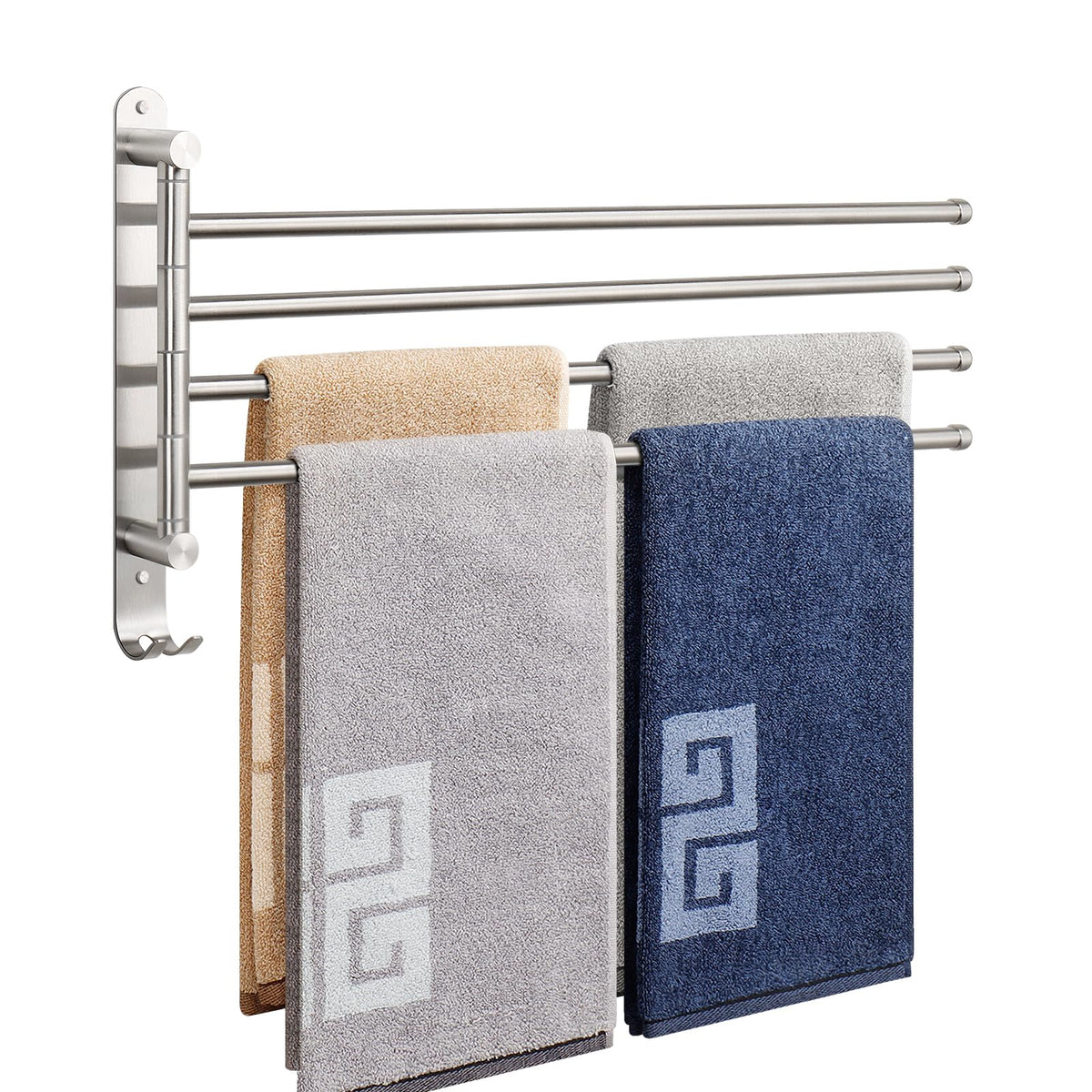 NearMoon Swivel Towel Rack, 13.8" Thicken 304 Stainless Steel 4-Arm Towel Bar, Space Saving Wall Mounted Towel Holder with Hook, Rustproof Swing Out Towel Hanger for Bathroom, Kitchen (Matte Black)