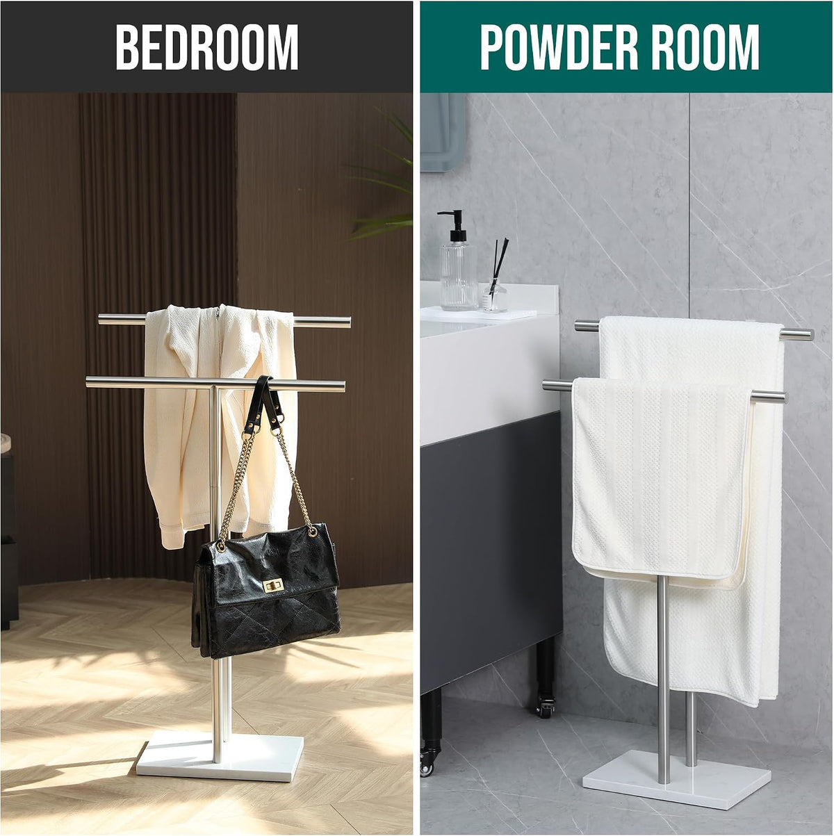 Free Standing Towel Rack - Brushed Nickel Finish with Marble Base