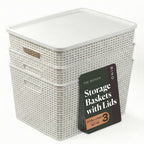 BINO | Plastic Storage Baskets with Lids, 15.5 Liter - 3 Pack, White | THE WOVEN COLLECTION | Storage Basket for Shelves Woven Storage Baskets for Organizing Bins Pantry Shelf Organizer Container Bin