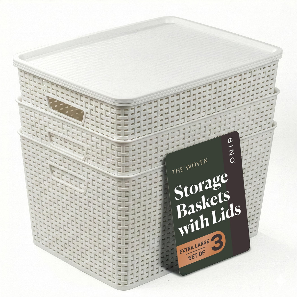 BINO | Plastic Storage Baskets with Lids, 15.5 Liter - 3 Pack, White | THE WOVEN COLLECTION | Storage Basket for Shelves Woven Storage Baskets for Organizing Bins Pantry Shelf Organizer Container Bin