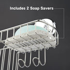 HASKO Suction Cup Shower Caddy Basket for Shampoo, Shower Suction Shelf Organizer, Basket with Soap Holder and Hooks, Stainless Steel Shampoo Holder for Bathroom Storage, Chrome
