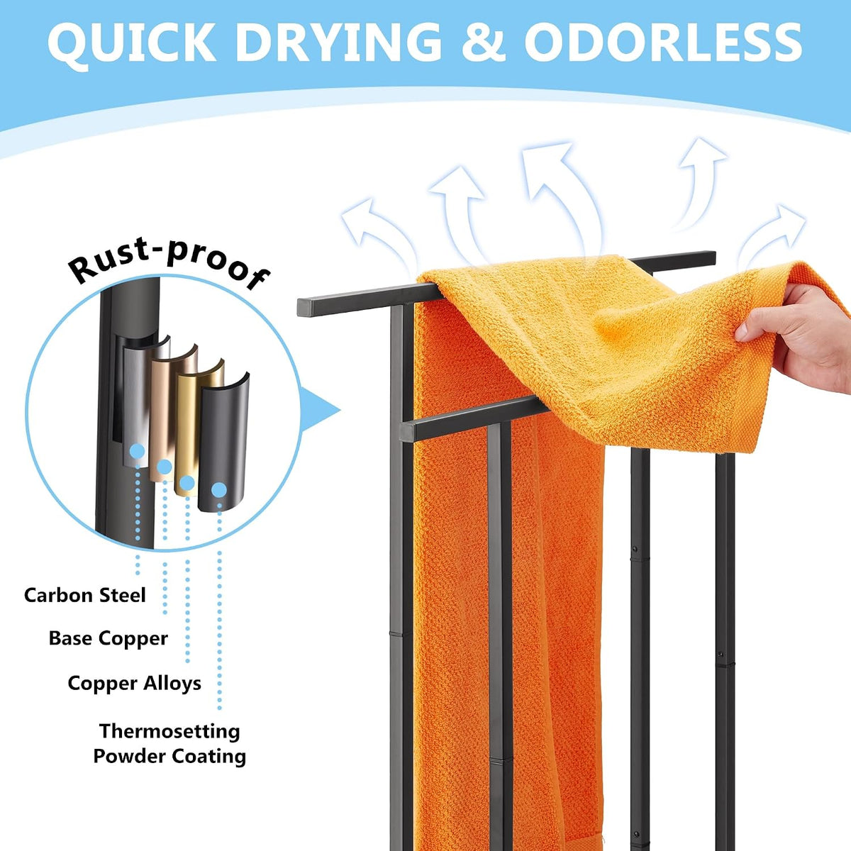 2-Tier Tall Towel Rack for Bathroom, Freestanding Towel Stand Drying Rack for Oversized Bath Towels, Poolside, Bathroom, Black, ALHAKIN