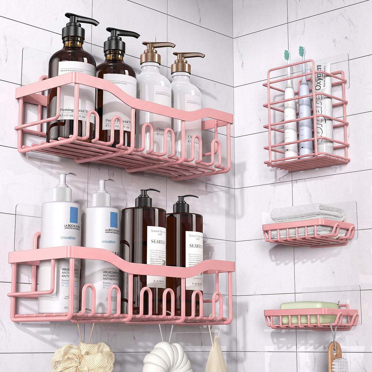 EUDELE Adhesive Shower Caddy, 5 Pack Rustproof Stainless Steel Bath Organizers With Large Capacity, No Drilling Shelves for Bathroom Storage & Home Decor