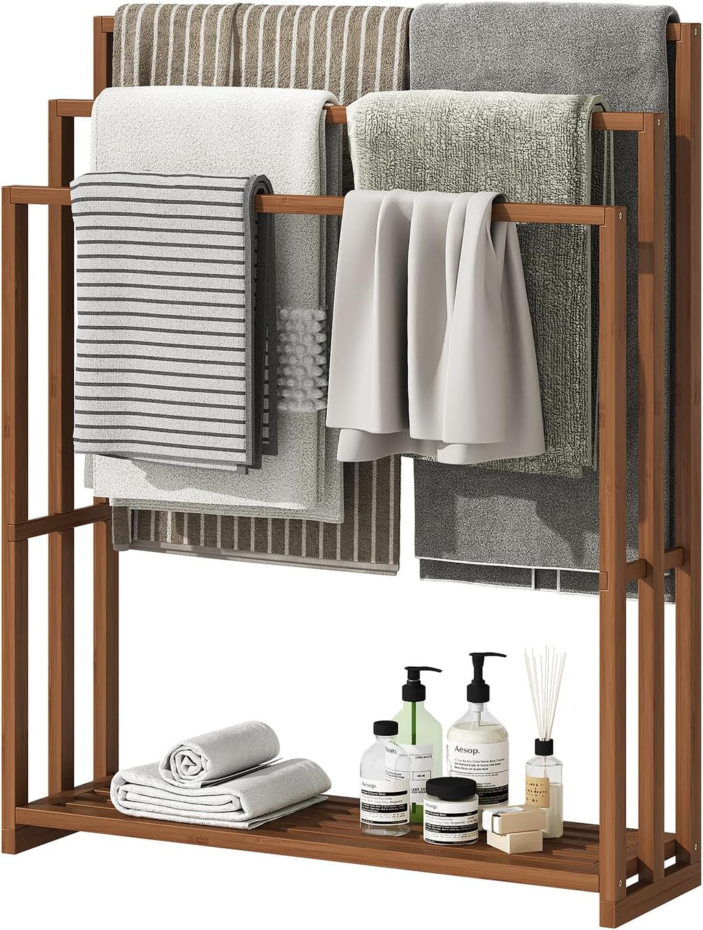 Standing Towel Rack for Bathroom, 39.4''H Bamboo Blanket Racks with Shelf