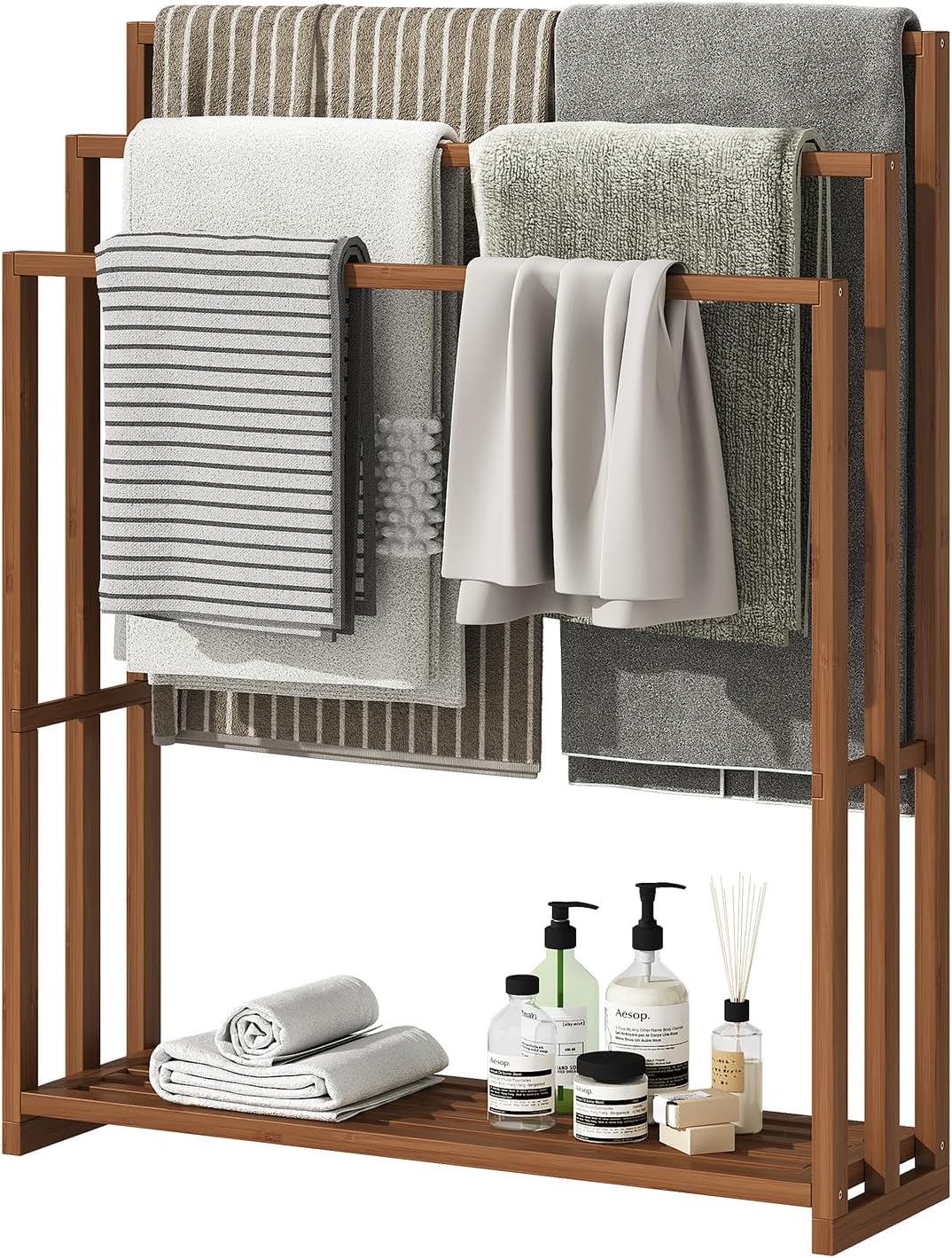 Standing Towel Rack for Bathroom, 39.4''H Bamboo Blanket Racks with Shelf