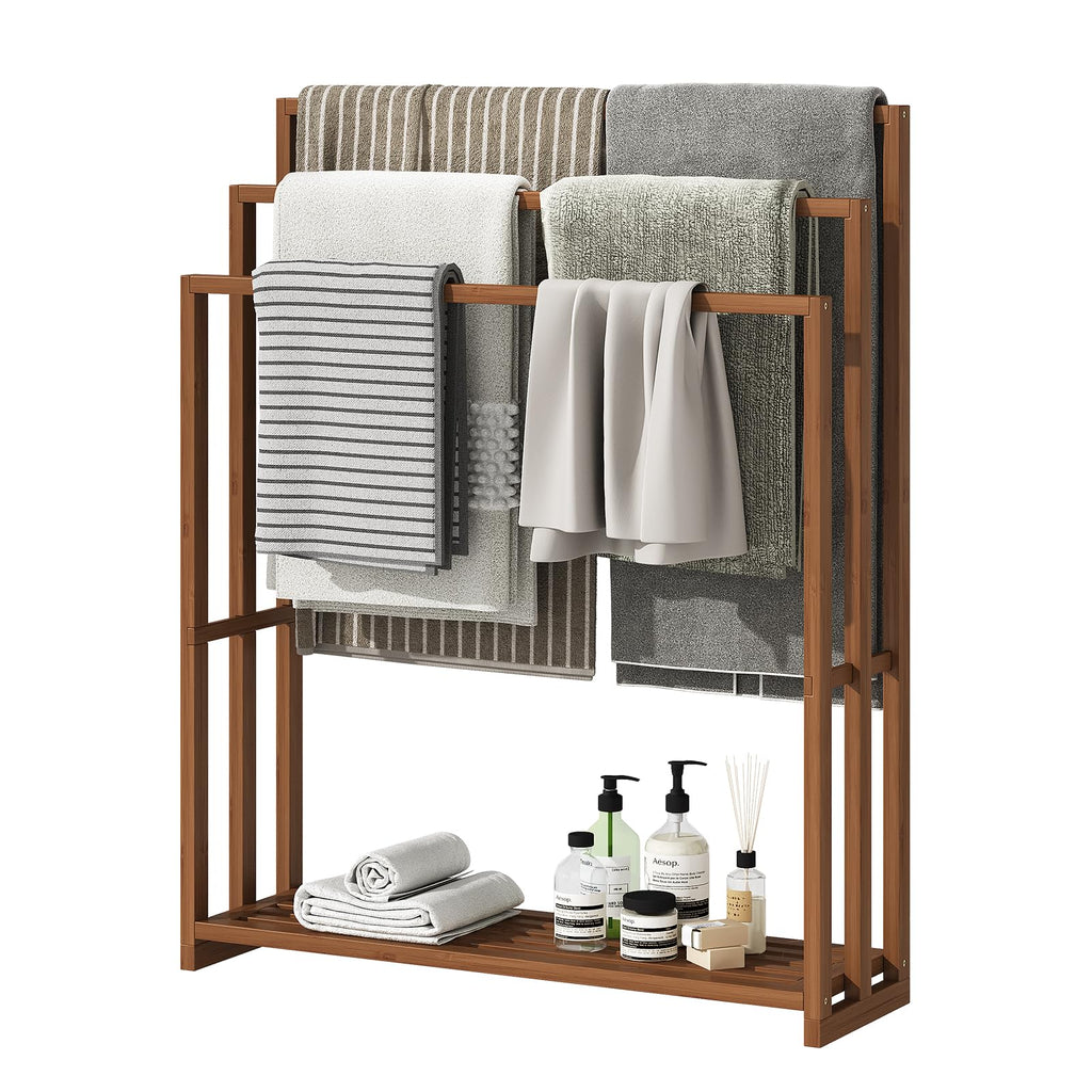 Standing Towel Rack for Bathroom, 39.4''H Bamboo Blanket Racks with Shelf