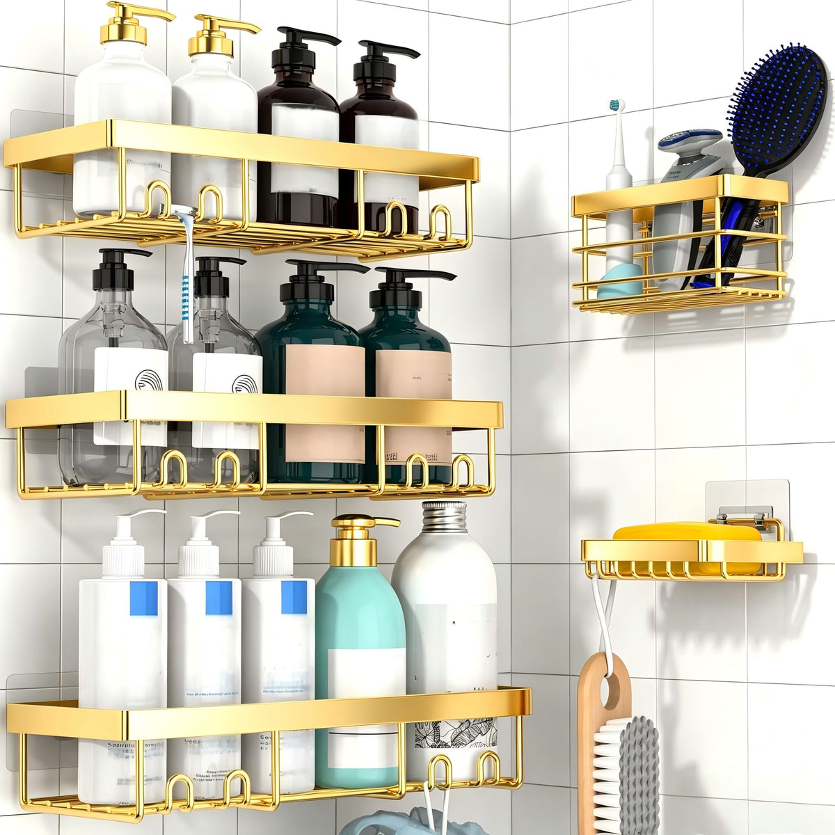 Moforoco 3-Pack Shower Caddy Basket Shelf with Soap Holder, No Drilling Traceless Adhesive Shower Wall Shelves, Rustproof Black Bathroom Shower Storage Organizer