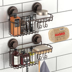 HASKO Suction Cup Shower Caddy Basket for Shampoo, Shower Suction Shelf Organizer, Basket with Soap Holder and Hooks, Stainless Steel Shampoo Holder for Bathroom Storage, Chrome