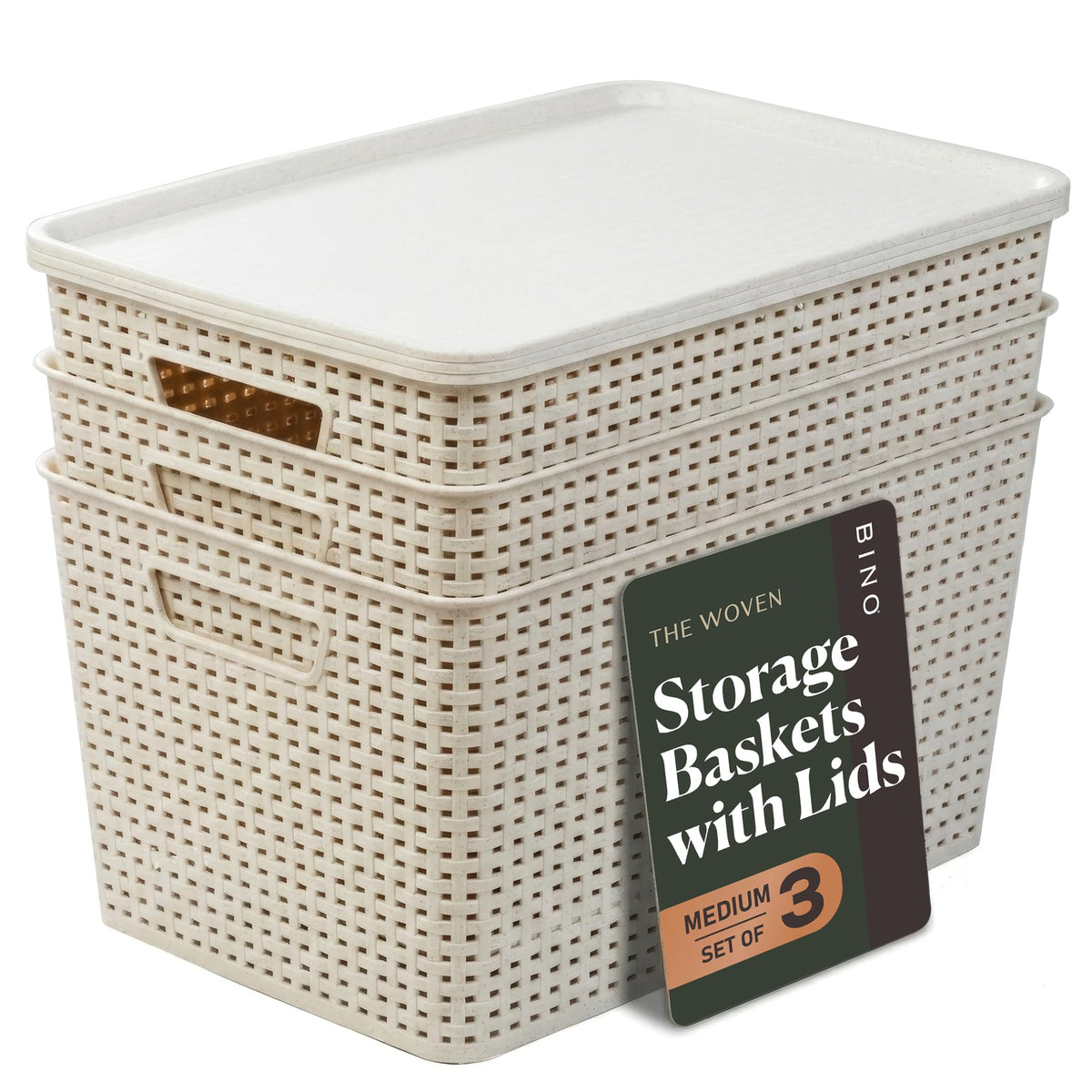 BINO | Plastic Storage Baskets with Lids, 15.5 Liter - 3 Pack, White | THE WOVEN COLLECTION | Storage Basket for Shelves Woven Storage Baskets for Organizing Bins Pantry Shelf Organizer Container Bin