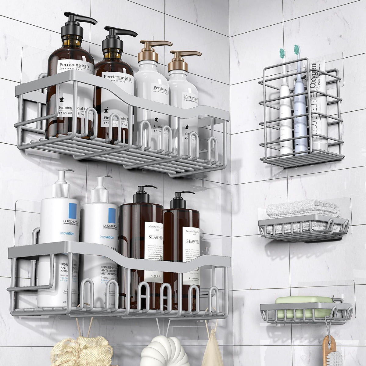 EUDELE Adhesive Shower Caddy, 5 Pack Rustproof Stainless Steel Bath Organizers With Large Capacity, No Drilling Shelves for Bathroom Storage & Home Decor
