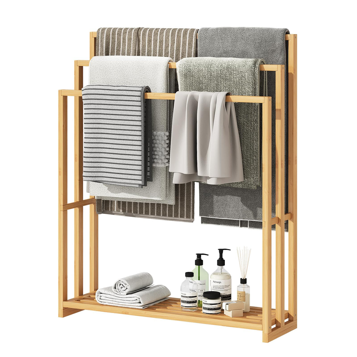 Standing Towel Rack for Bathroom, 39.4''H Bamboo Blanket Racks with Shelf