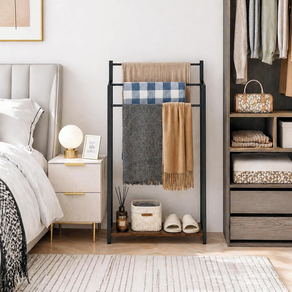 16.9" W Freestanding Towel Rack with Rustic Brown Wood Shelf