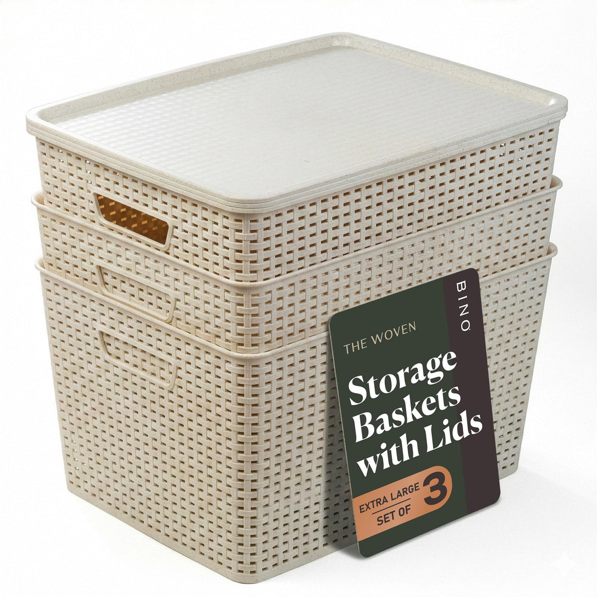 BINO | Plastic Storage Baskets with Lids, 15.5 Liter - 3 Pack, White | THE WOVEN COLLECTION | Storage Basket for Shelves Woven Storage Baskets for Organizing Bins Pantry Shelf Organizer Container Bin