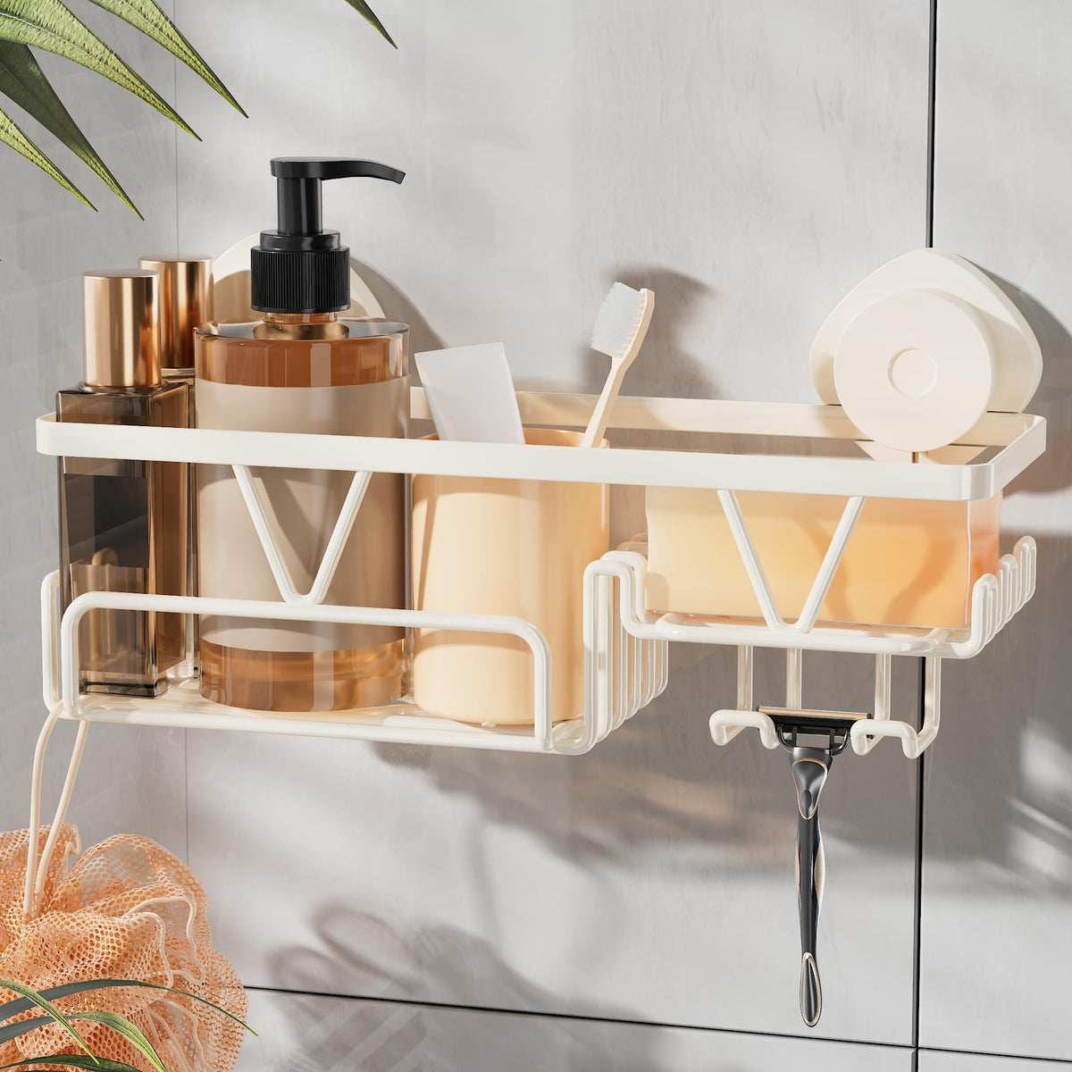 KEGII Suction Cup Shower Caddy with Soap & Razor Holder, Hooks, Cream White